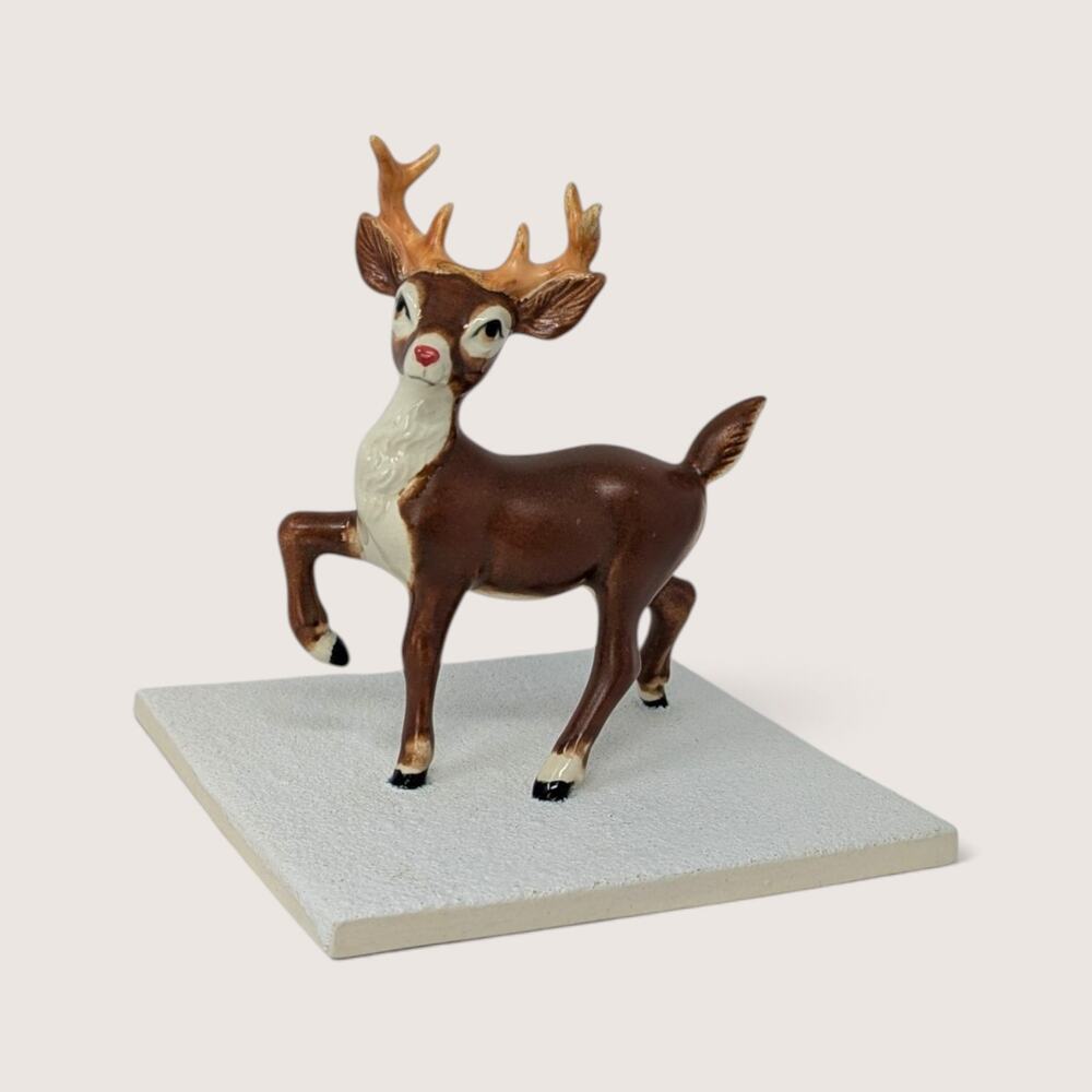 Vintage 1980s Ceramic Reindeer Figurine | Hand Painted Christmas Deer Statue